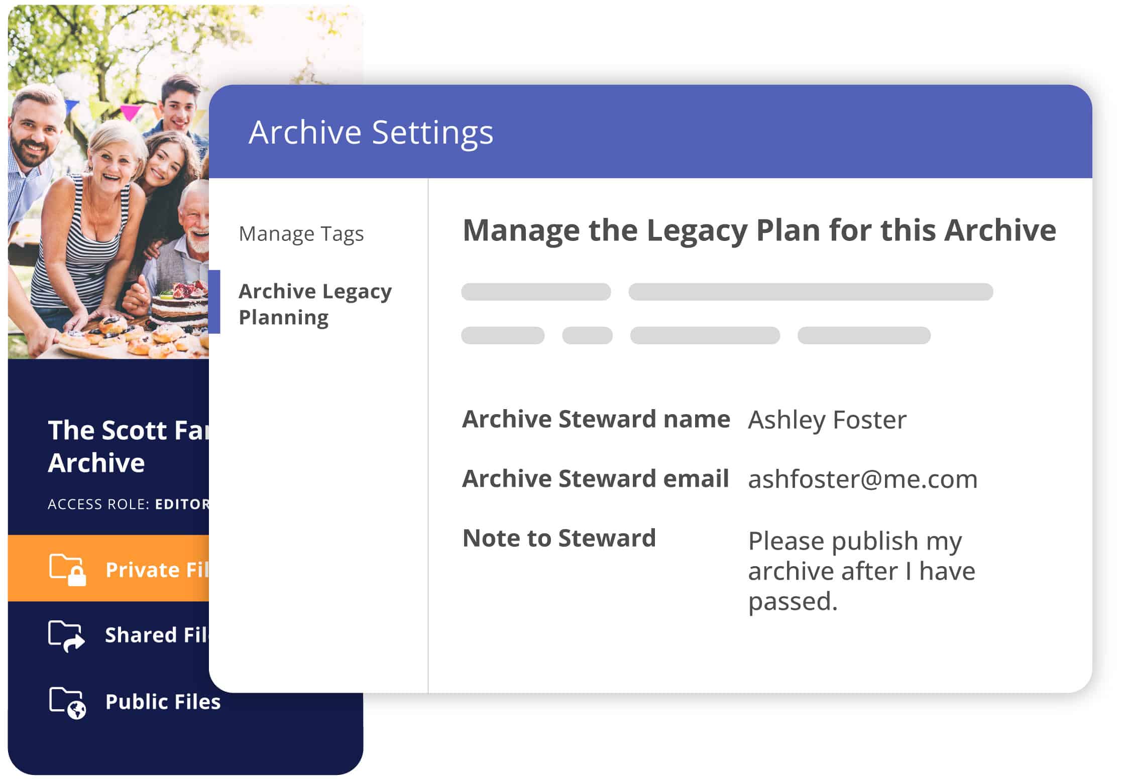 A pop up dialog over a Permanent archive for legacy planning. It reads manage the Legacy Plan for this archive