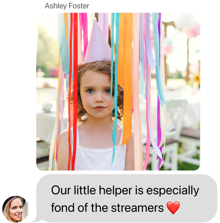 Text with image of girl wearing a party hat standing among colorful streamers